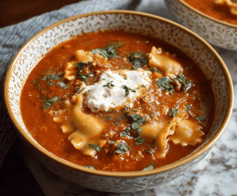 Delicious dairy-free lasagna soup served in a bowl with fresh basil and grated dairy-free cheese on top