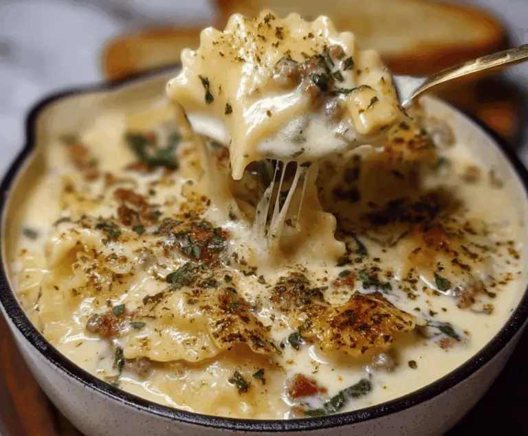 Creamy Alfredo Lasagna Soup in a bowl topped with melted cheese, fresh herbs, and bubbling to perfection, showcasing a rich and comforting Italian-inspired dish