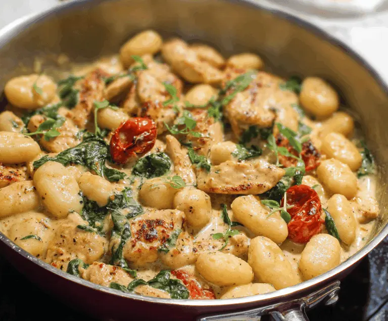 Delicious garlic chicken gnocchi skillet with golden-brown chicken, crispy gnocchi, fresh herbs, and a flavorful garlic sauce.