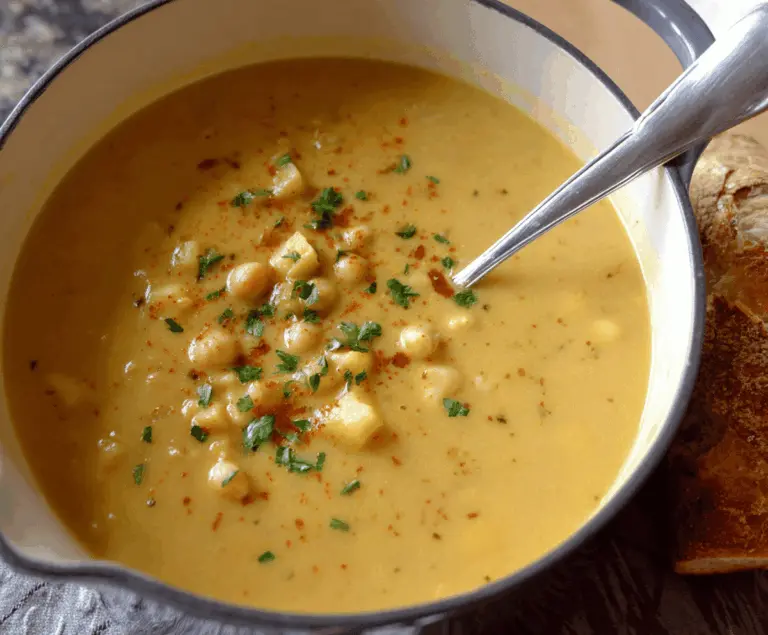 Creamy garlic chickpea soup served in a bowl with fresh herbs and a slice of bread on the side, perfect for a comforting vegan meal.