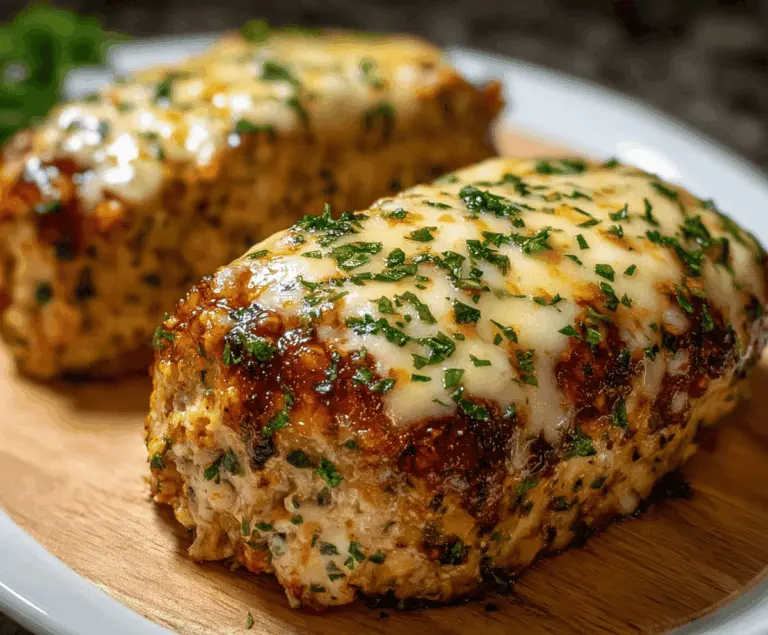 Juicy Garlic Parmesan Chicken Meatloaf topped with melted cheese and fresh herbs on a white plate, perfect for a flavorful dinner.