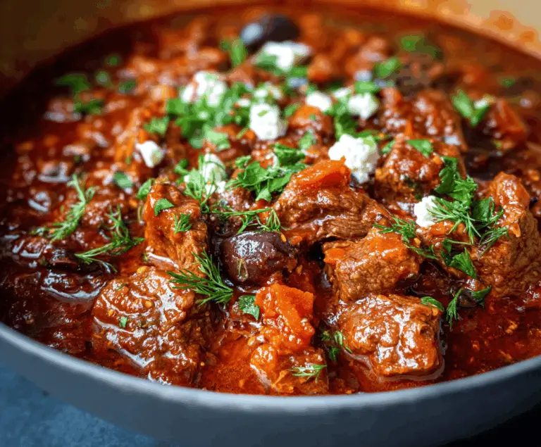 Delicious Greek-style beef stew in rich tomato sauce with vegetables and herbs, perfect for hearty meals.