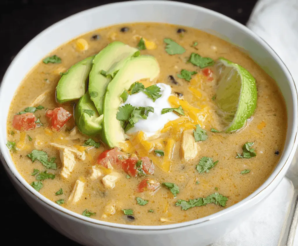 A steaming bowl of Green Enchilada Chicken Soup garnished with fresh cilantro, topped with shredded cheese and avocado slices, showcasing a flavorful and hearty Mexican-inspired dish.