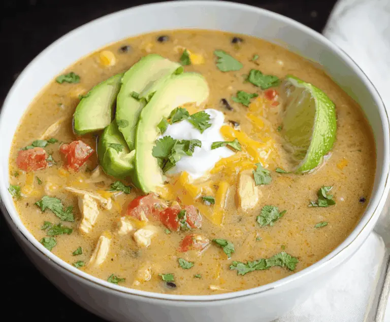 A steaming bowl of Green Enchilada Chicken Soup garnished with fresh cilantro, topped with shredded cheese and avocado slices, showcasing a flavorful and hearty Mexican-inspired dish.