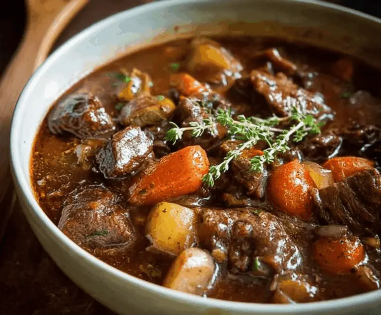 Hearty Guinness Irish Beef Stew with tender beef chunks, vegetables, and a rich, savory gravy in a rustic bowl.
