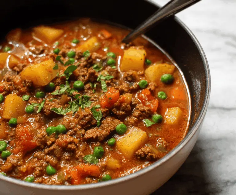 A hearty bowl of homemade hamburger stew featuring ground beef, vegetables, and savory broth, served in a rustic bowl for a comforting meal.