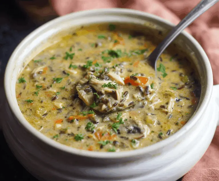 Creamy Healthy Chicken Wild Rice Soup with tender chicken, wild rice, and fresh vegetables in a savory broth