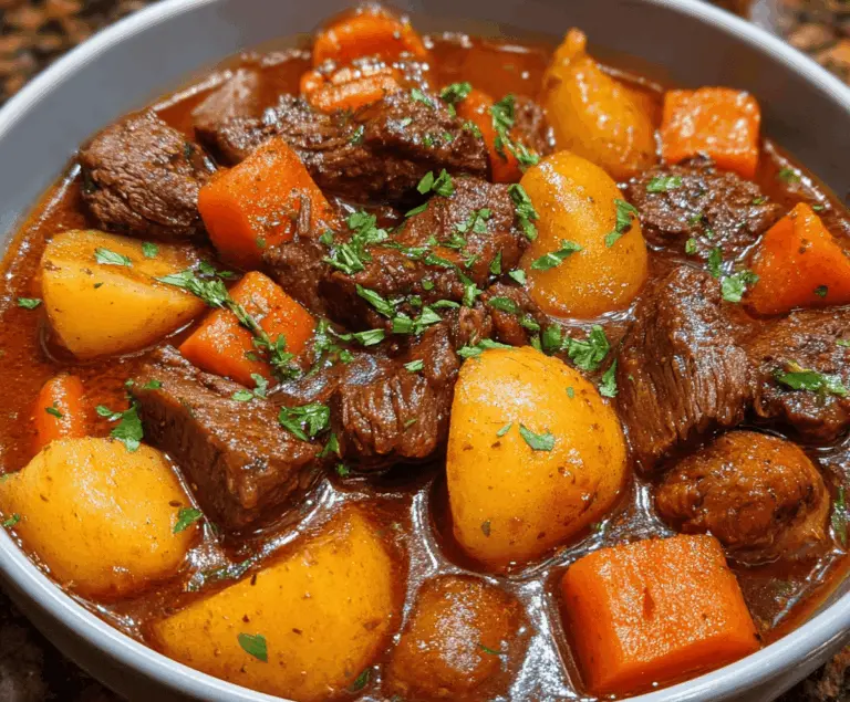 Hearty homemade beef stew with tender beef chunks, carrots, potatoes, and vegetables served in a rustic bowl