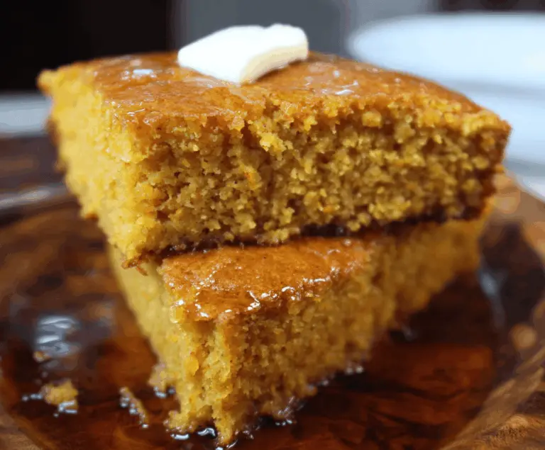 Delicious Honey Butter Sweet Potato Cornbread topped with honey butter, served on a rustic plate, perfect for comfort food lovers