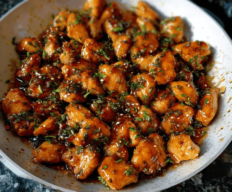Juicy honey garlic chicken bites glazed with honey and topped with fresh herbs on a white plate, perfect for a flavorful appetizer or main dish.
