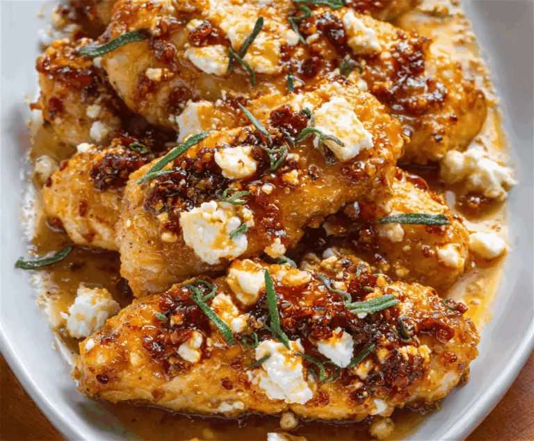 Delicious Hot Honey Feta Chicken served on a plate with melted feta and drizzled honey, garnished with fresh herbs, perfect for a flavorful dinner