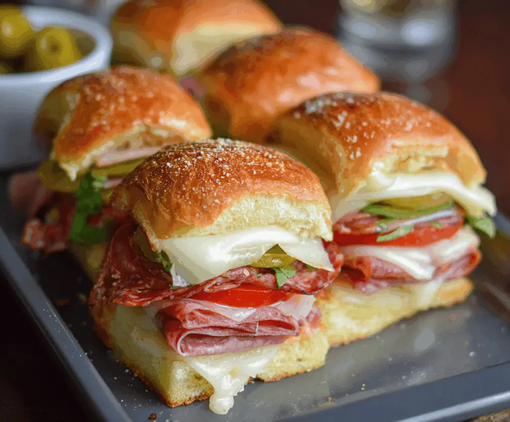 Delicious Hot Italian Sub Sliders with melted cheese, Italian meats, peppers, and toasted buns ready to serve