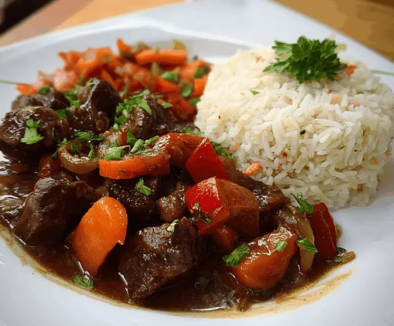 Hearty Jamaican Beef Stew served with fluffy rice, garnished with fresh herbs and colorful vegetables