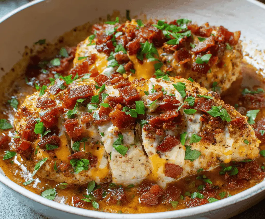 Creamy Keto Crack Chicken topped with shredded cheese and bacon, served on a plate, perfect for low-carb meal plans
