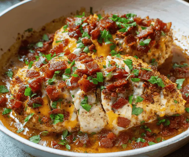 Creamy Keto Crack Chicken topped with shredded cheese and bacon, served on a plate, perfect for low-carb meal plans