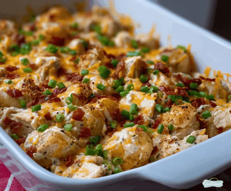 Creamy loaded potato ranch chicken casserole topped with crispy bacon and shredded cheese, served in a baking dish