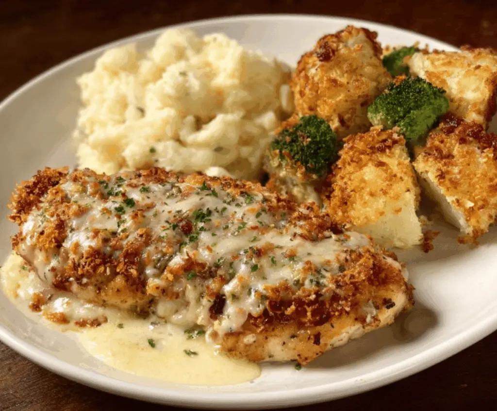 Delicious Longhorn Steakhouse Parmesan Chicken topped with melted cheese and herbs, served with fresh vegetables and side dishes