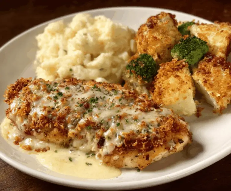 Delicious Longhorn Steakhouse Parmesan Chicken topped with melted cheese and herbs, served with fresh vegetables and side dishes