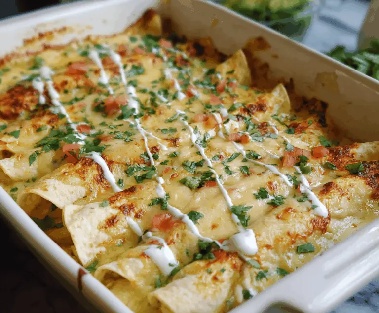 Delicious low carb white chicken enchiladas topped with melted cheese and fresh cilantro on a white plate