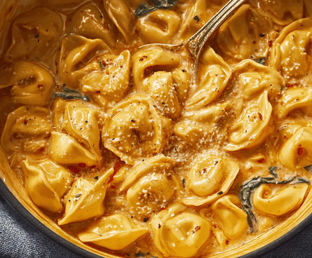 Creamy Marry Me Tortellini dish with cherry tomatoes, fresh basil, and grated Parmesan cheese in a white bowl, perfect for romantic dinners