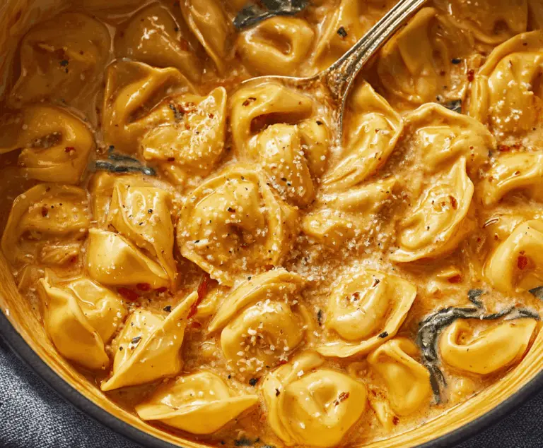 Creamy Marry Me Tortellini dish with cherry tomatoes, fresh basil, and grated Parmesan cheese in a white bowl, perfect for romantic dinners