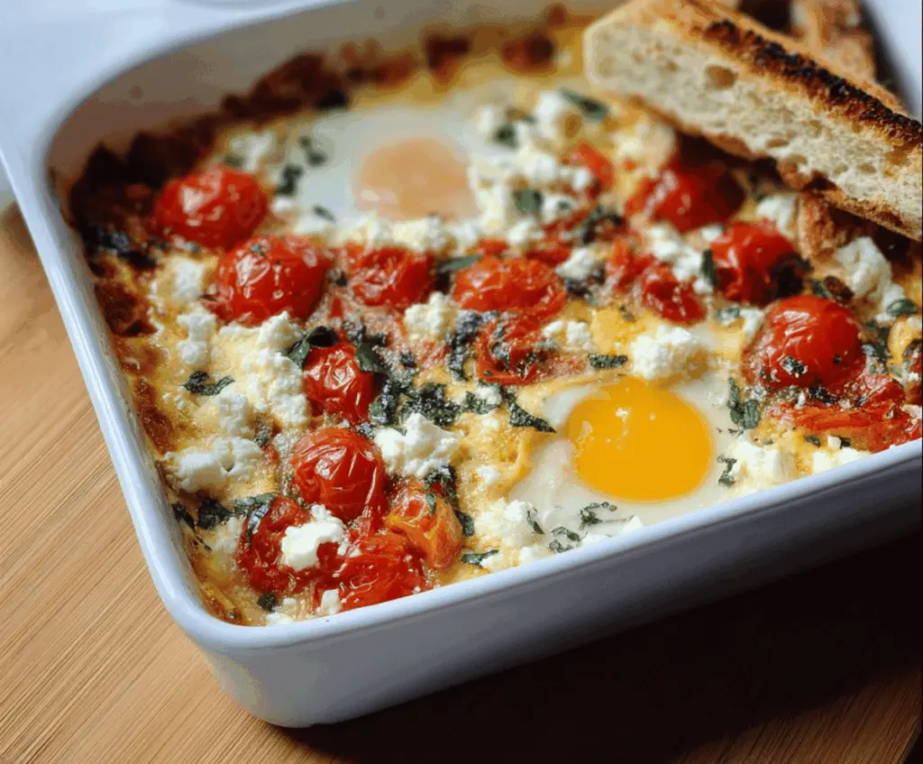 Creamy baked feta eggs topped with cherry tomatoes and fresh herbs, served as a flavorful Mediterranean breakfast or brunch dish.