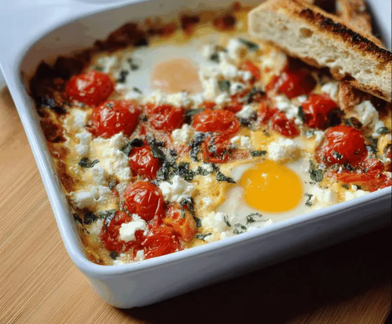 Creamy baked feta eggs topped with cherry tomatoes and fresh herbs, served as a flavorful Mediterranean breakfast or brunch dish.