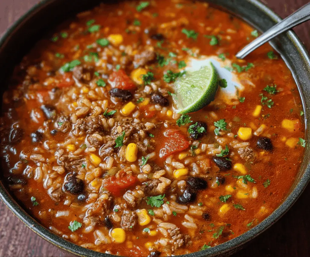 A bowl of hearty Mexican Beef and Rice Soup garnished with fresh cilantro and lime wedges, showcasing tender beef, rice, vegetables, and flavorful broth.
