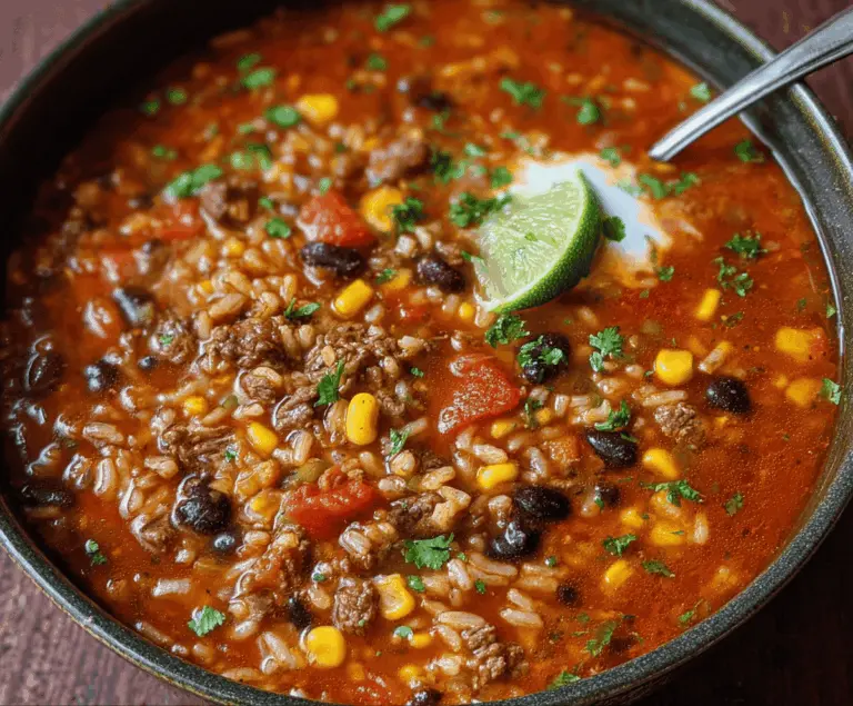 A bowl of hearty Mexican Beef and Rice Soup garnished with fresh cilantro and lime wedges, showcasing tender beef, rice, vegetables, and flavorful broth.