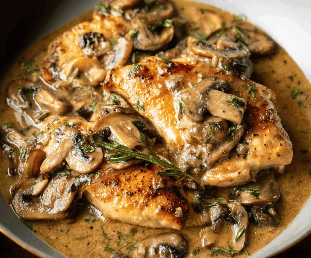 Creamy mushroom chicken dish featuring tender chicken breasts topped with sautéed mushrooms and herbs, served on a white plate.
