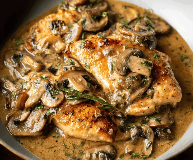 Creamy mushroom chicken dish featuring tender chicken breasts topped with sautéed mushrooms and herbs, served on a white plate.