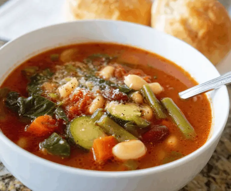 A bowl of fresh Olive Garden-style vegetable soup featuring colorful vegetables and herbs, served in a white bowl on a rustic wooden table.