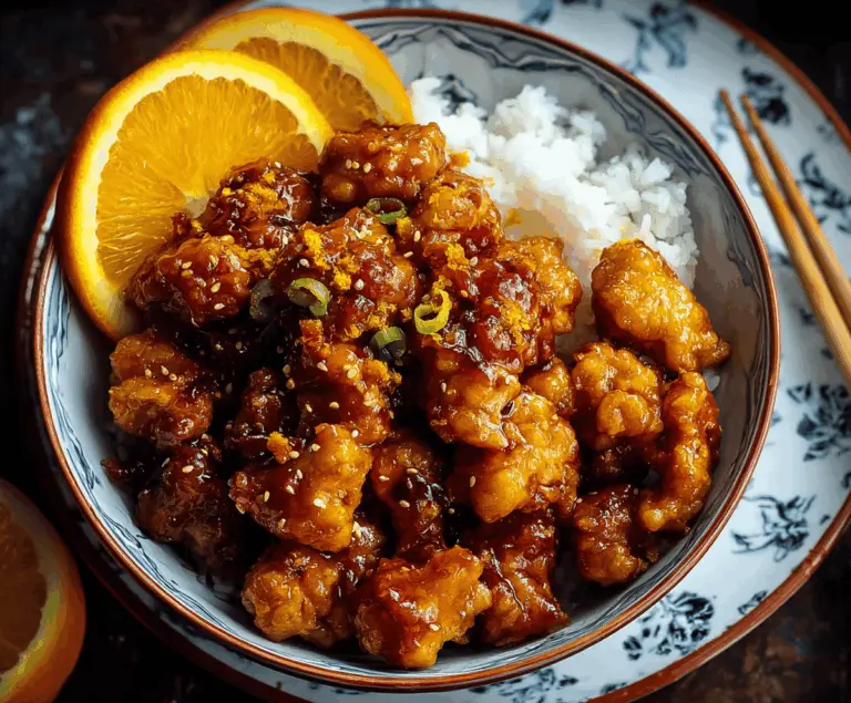 Crispy orange chicken garnished with orange slices and sesame seeds on a white plate, served with steamed vegetables