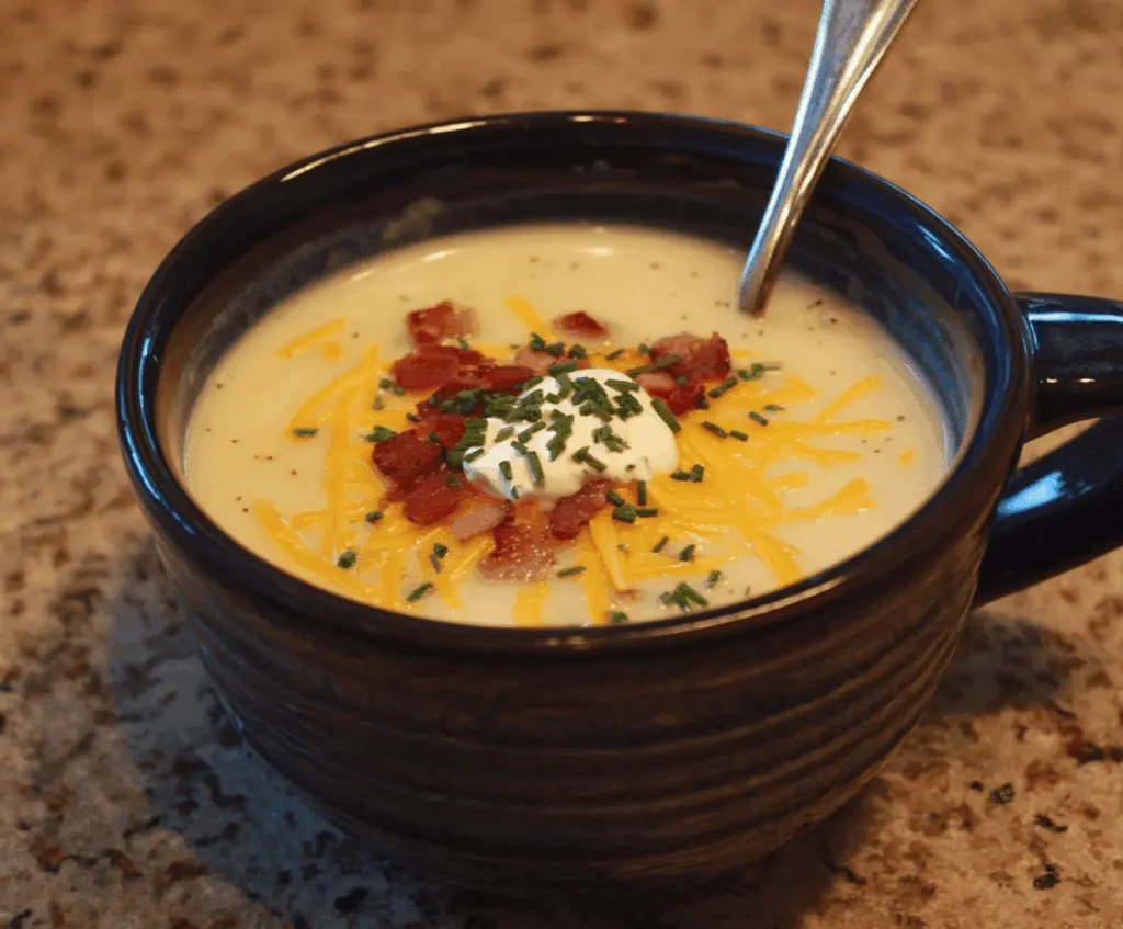 Creamy Outback Steakhouse Potato Soup served in a bowl with fresh herbs and crispy bread on the side, perfect for a comforting meal.