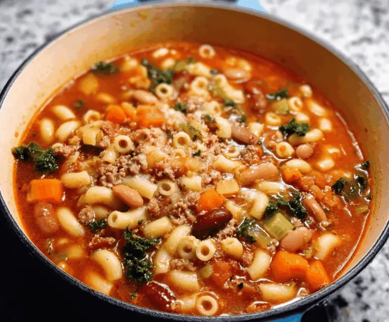 Creamy Pasta Fagioli soup with pasta, beans, and fresh herbs served in a bowl, perfect for a hearty and comforting meal.