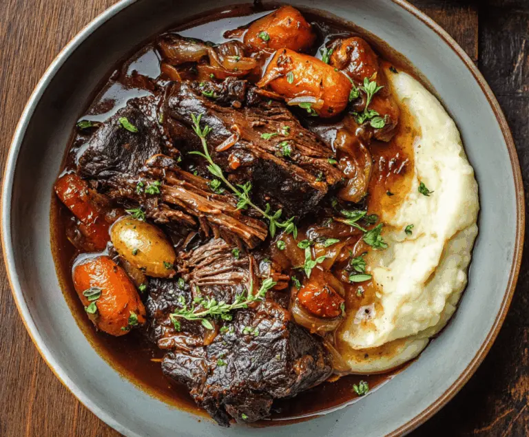Tender beef braised in rich red wine sauce topped with fresh herbs, served with mashed potatoes and vegetables.
