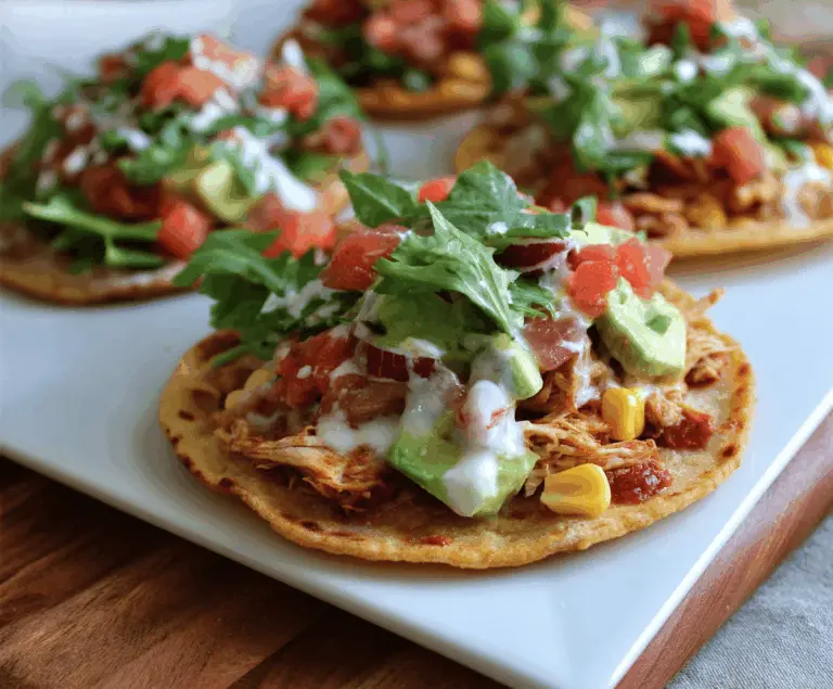 Crispy rotisserie chicken tostadas topped with fresh lettuce, diced tomatoes, shredded cheese, and sliced avocado on a white plate
