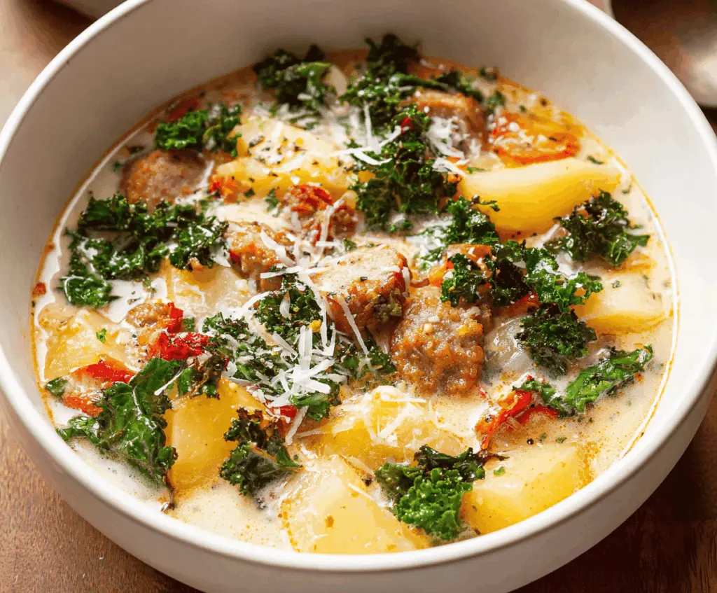 Creamy sausage, potato, and kale soup in a bowl, garnished with fresh herbs, served with crusty bread.