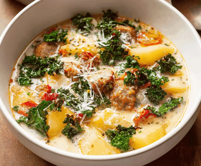 Creamy sausage, potato, and kale soup in a bowl, garnished with fresh herbs, served with crusty bread.