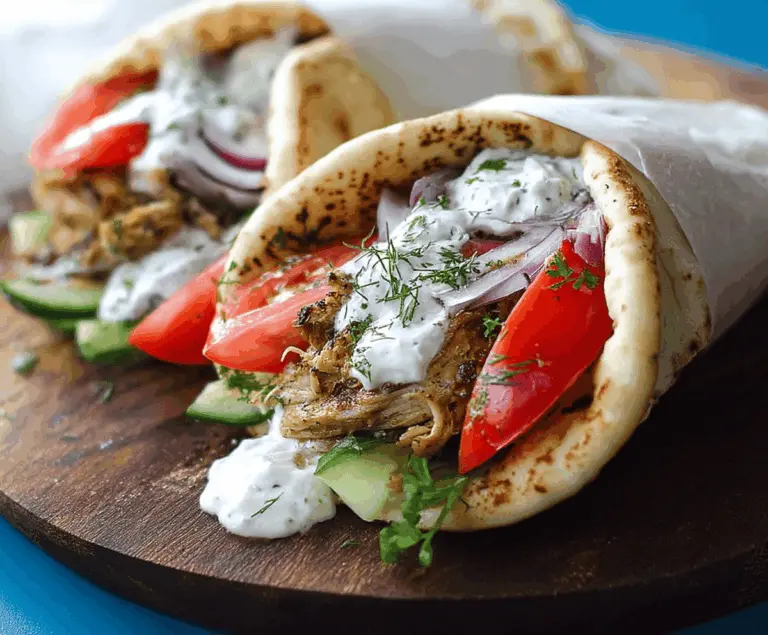 Juicy slow cooker chicken gyros served in pita bread with fresh vegetables and creamy tzatziki sauce