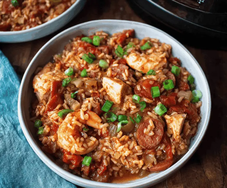 Delicious slow cooker chicken jambalaya with tender chicken, colorful bell peppers, and flavorful spices served in a rustic bowl