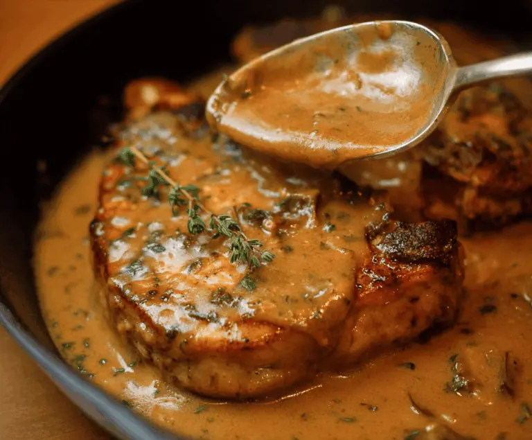 Juicy smothered pork chops topped with savory gravy and served with mashed potatoes on a plate