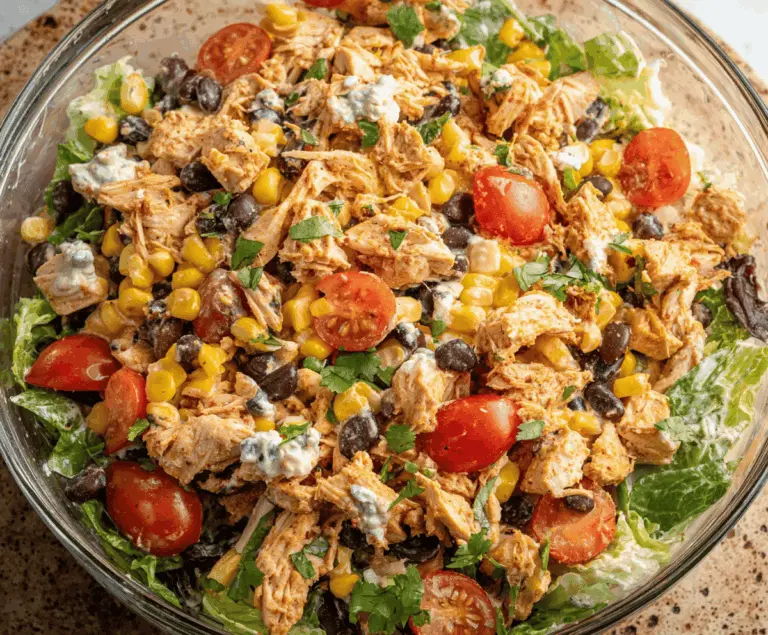 Colorful Southwest Chicken Salad with grilled chicken, mixed greens, black beans, corn, cherry tomatoes, avocado slices, and a zesty lime dressing on a white plate.