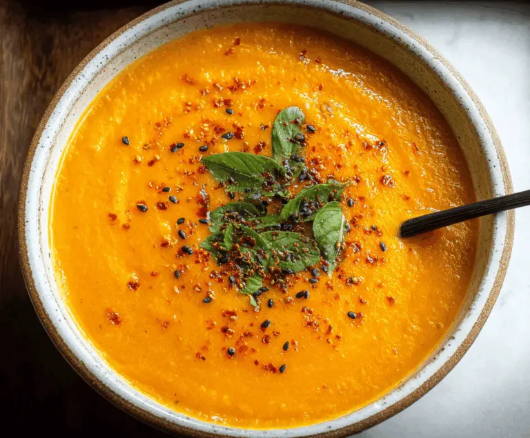 Creamy spiced carrot ginger soup garnished with fresh herbs in a rustic bowl, perfect for warming up on a chilly day.