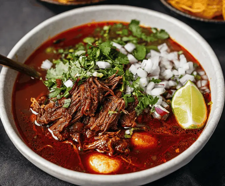 Delicious Mexican Birria stew with tender beef, rich red sauce, and garnishes, served with tortillas and lime for an authentic flavor experience