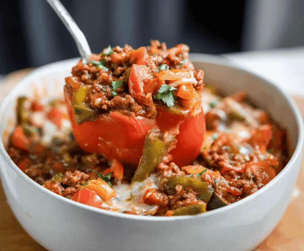 Delicious unstuffed pepper bowls filled with seasoned ground meat and colorful vegetables, served in a bowl for a flavorful and easy meal.