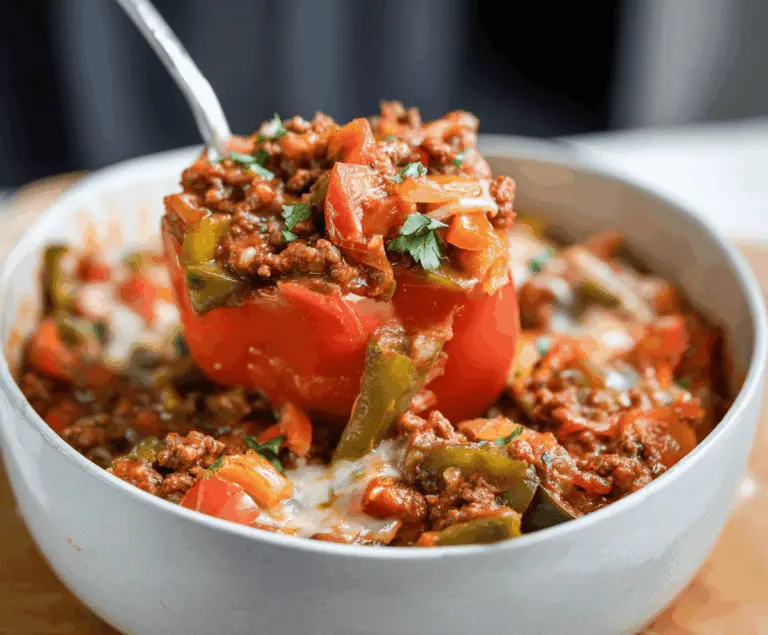 Delicious unstuffed pepper bowls filled with seasoned ground meat and colorful vegetables, served in a bowl for a flavorful and easy meal.