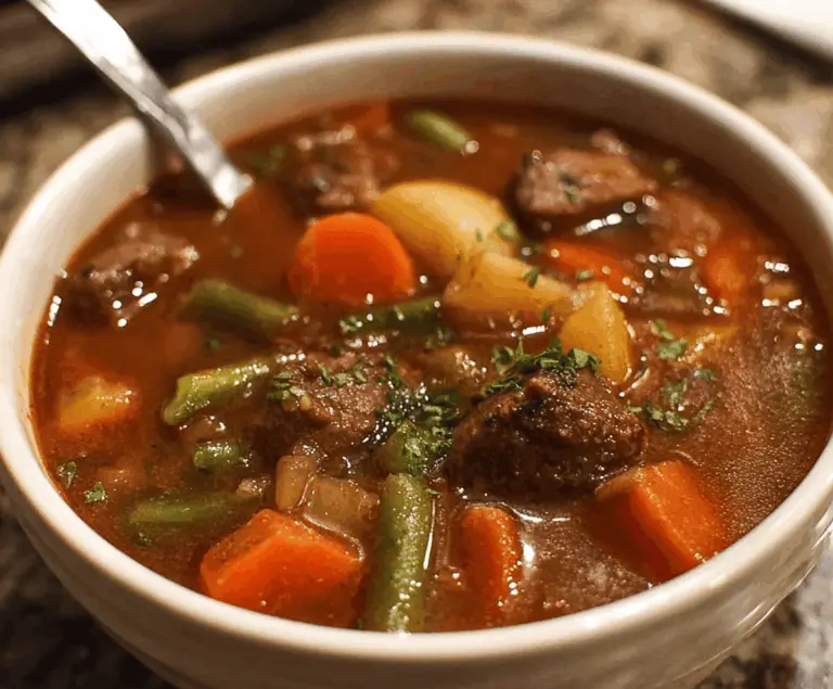 A bowl of hearty vegetable beef soup with tender beef chunks, colorful vegetables, and fresh herbs served in a rustic bowl