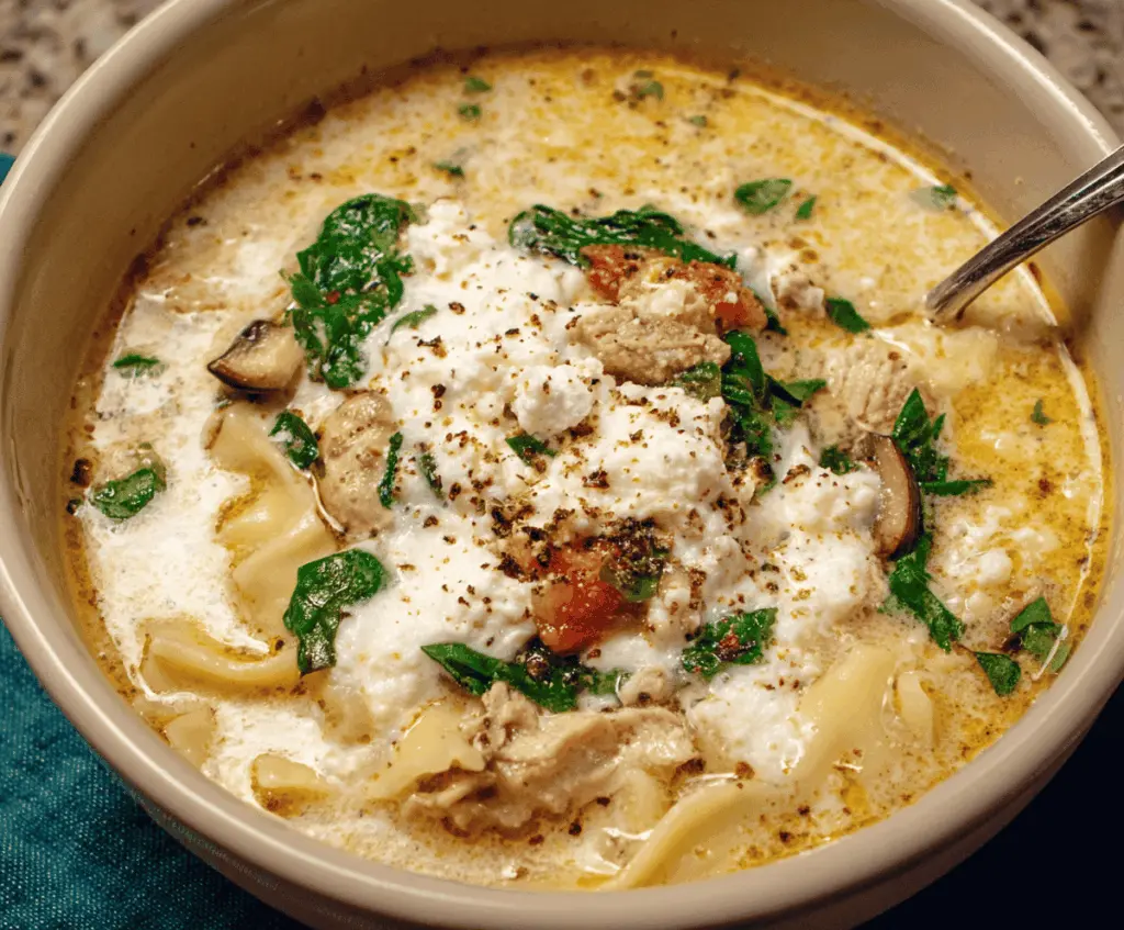 Creamy white lasagna soup with layers of melted cheese, ricotta, spinach, and tender pasta in a savory broth, served steaming hot.