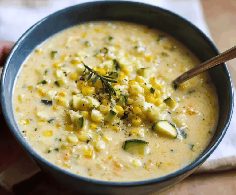 Creamy zucchini corn chowder served in a bowl with fresh herbs and crispy bread on the side, perfect for a comforting summer meal.
